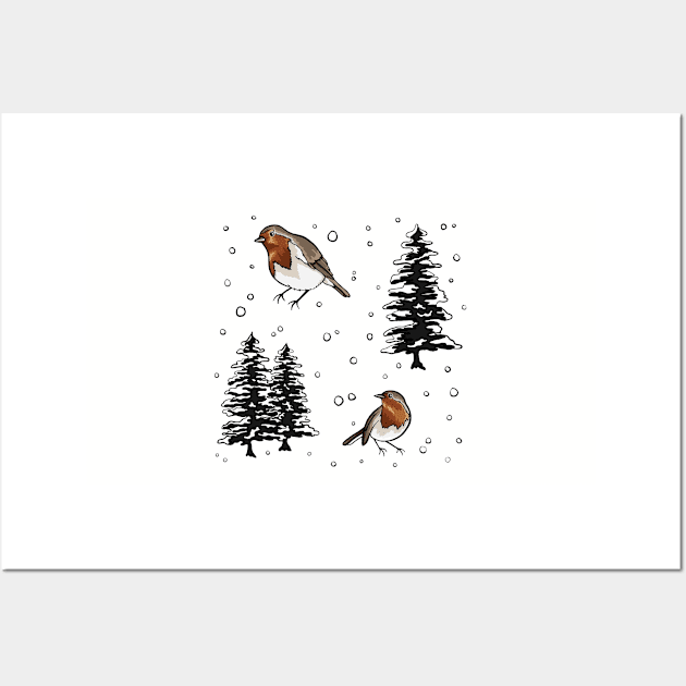 Robin and Snow Covered Trees Pattern Digital Illustration Wall Art by AlmightyClaire